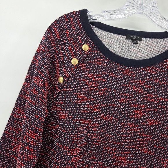 Talbots Dress LP‎ Large Petite Red Textured Knit Navy Gold Buttons 3/4 Sleeve - Picture 2 of 9